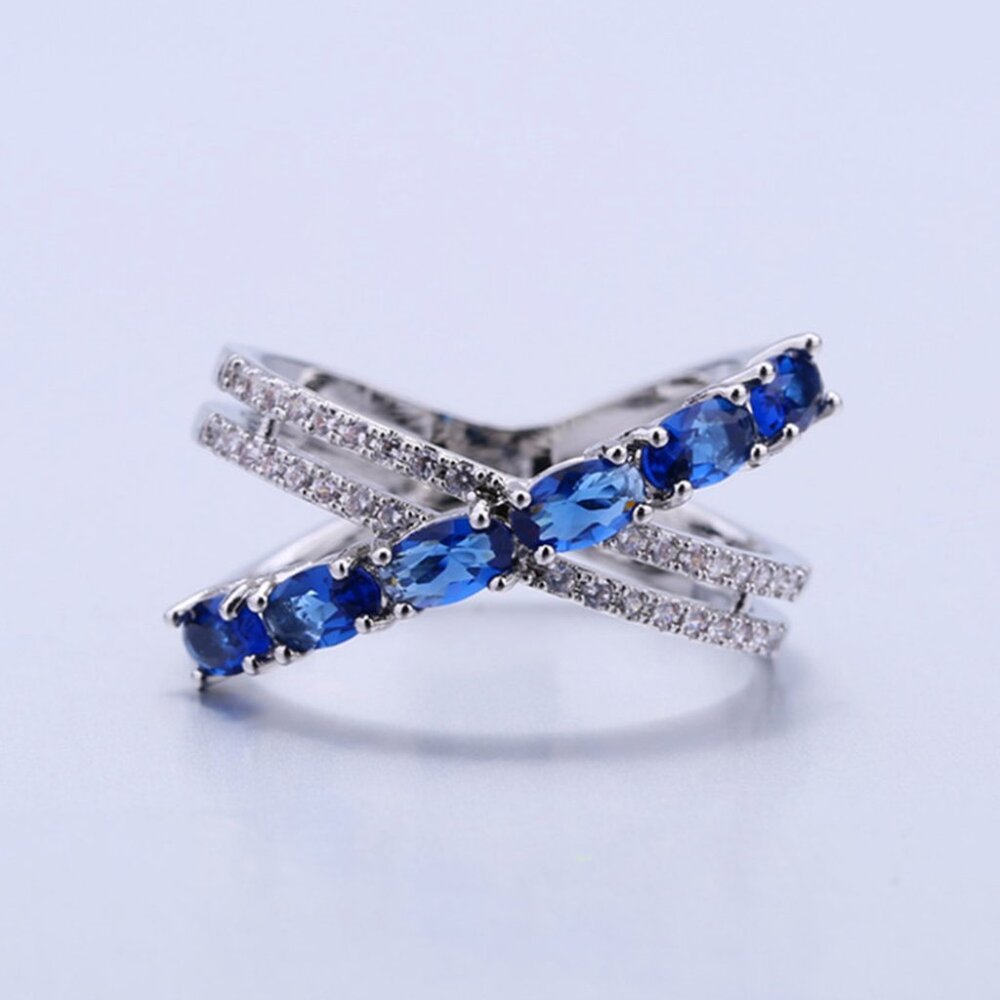 Oval Royal Blue Anillos Unique Three Lines Silver Ring for Women, VIP272 - Picture 7 of 7